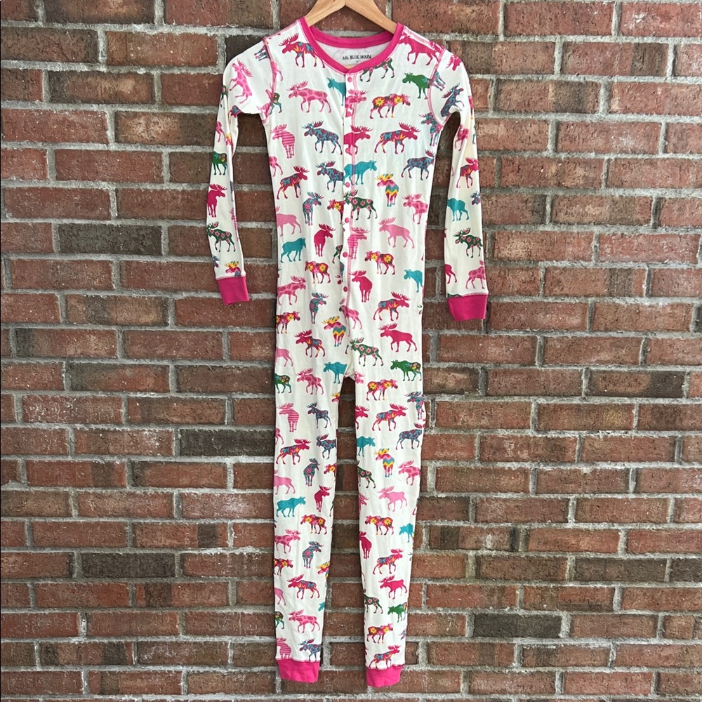 Little Blue House Colorful Moose Print Onesie Pajamas Faux Flap Bottom size 10